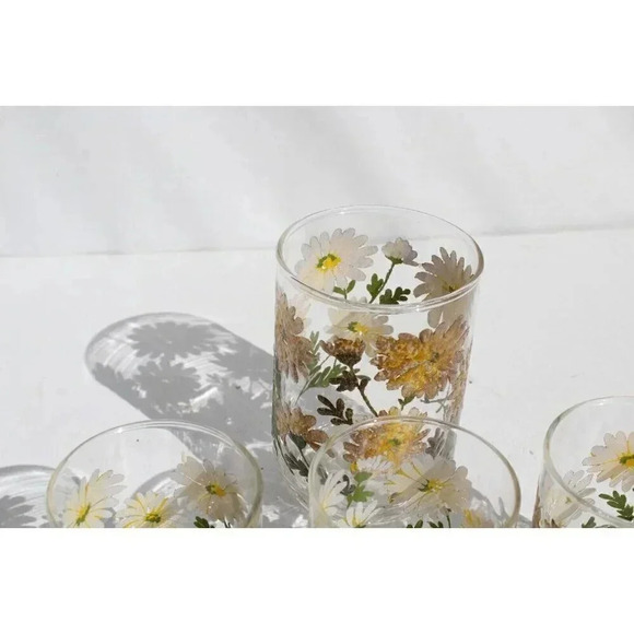 Vintage Lot of 4 MCM Retro Sunflower Tumbler Drinking Glass Set - Picture 4 of 4